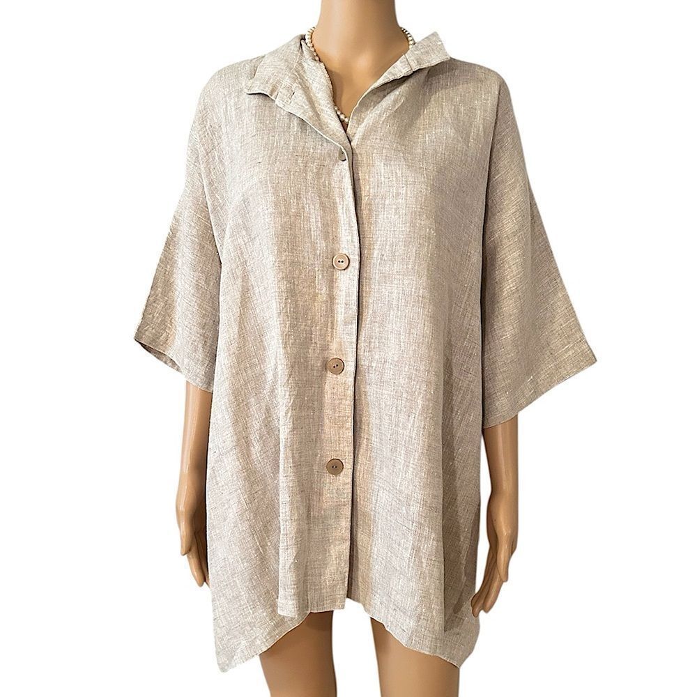 Itemz Chris Baumgartner Women’s OSFM Beige Oatmeal Button Down 100% Linen Shirt
